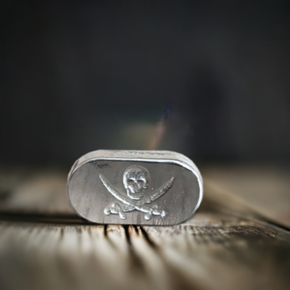 1 Oz Silver Bar – Skull & Cross Swords Design round ends