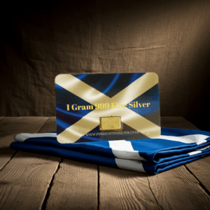 1 gram Saltire solid silver bar, 999fs handcrafted in Scotland, ideal for stacking and gifting silver enthusiasts. 1 gram Saltire solid silver bar, 999fs handcrafted in Scotland, ideal for stacking and gifting silver enthusiasts.
