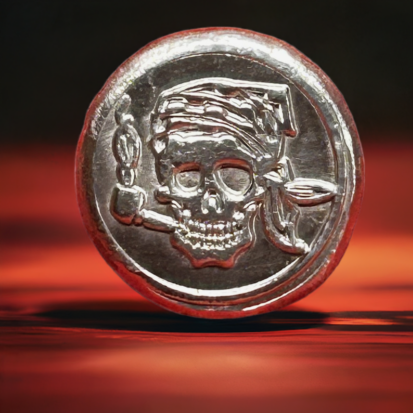 1 Troy Oz Silver Round, Swashbuckling Pirate Skull with Pipe Detail, Heirloom-Quality Collectible, Ideal Gift for Pirate Enthusiasts
