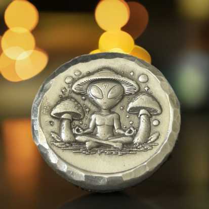 2 Troy oz Solid Silver Round, Hippy Alien & Magic Mushrooms, Handcrafted from 999 Fine Silver, Unique Gift for Collectors