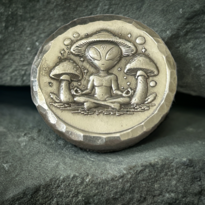 2 Troy oz Solid Silver Round, Hippy Alien & Magic Mushrooms, Handcrafted from 999 Fine Silver, Unique Gift for Collectors - Image 5