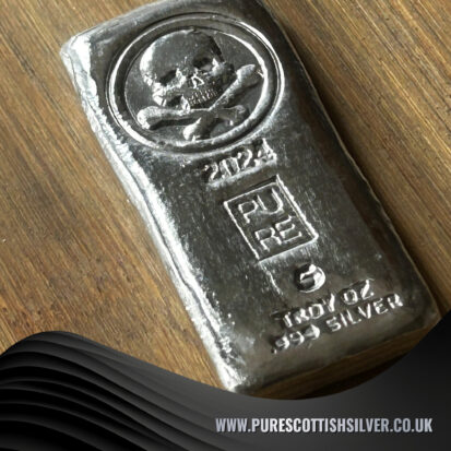5 Troy Oz Solid Silver Bar – Pirate Skull & Crossbones, Collectible Precious Metal, Investment Gift, Unique Treasure 5