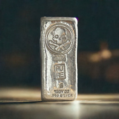 5 Troy Oz Solid Silver Bar - Pirate Skull & Crossbones, Collectible Precious Metal, Investment Gift, Unique Treasure