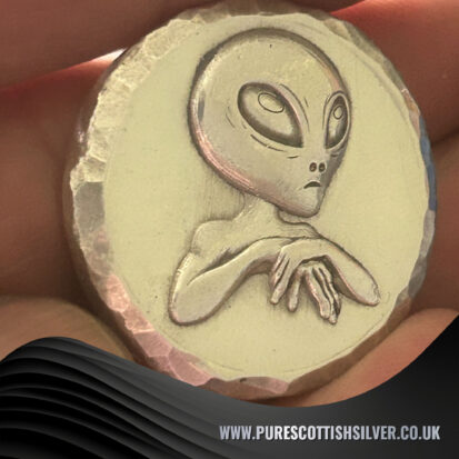 2 Troy oz Solid Silver Round, Alien Stamped, Handmade in Scotland, Unique Precious Metal Gift 6