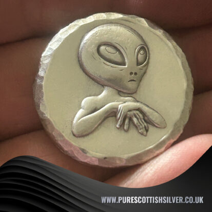 2 Troy oz Solid Silver Round, Alien Stamped, Handmade in Scotland, Unique Precious Metal Gift 4