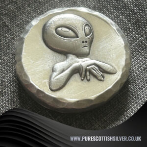 2 Troy oz Solid Silver Round, Alien Stamped, Handmade in Scotland, Unique Precious Metal Gift