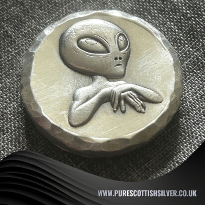 2 Troy oz Solid Silver Round, Alien Stamped, Handmade in Scotland, Unique Precious Metal Gift