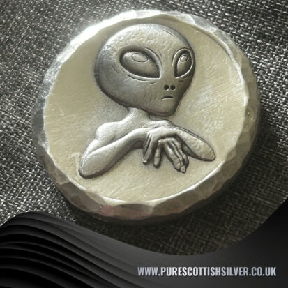 2 Troy oz Solid Silver Round, Alien Stamped, Handmade in Scotland, Unique Precious Metal Gift 7