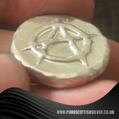 1 troy oz silver round, handpoured anarchy design from Scotland, perfect for collectors or unique gifts for him.