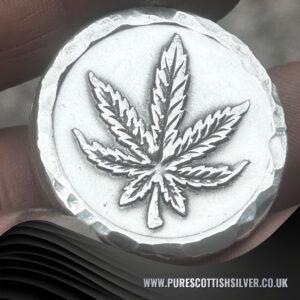2 Troy oz Solid Silver Round, Cannabis Leaf Stamped, Handmade, Collectible Gift