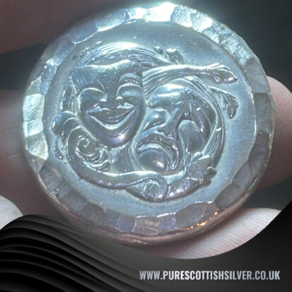 2 troy oz fine 999 silver drama masks, handmade Scottish design for collectors, unique gift for theater lovers. 2