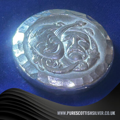 2 troy oz fine 999 silver drama masks, handmade Scottish design for collectors, unique gift for theater lovers. 3