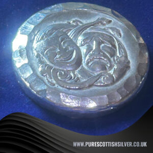 2 troy oz fine 999 silver drama masks, handmade Scottish design for collectors, unique gift for theater lovers.