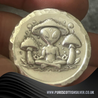 2 Troy oz Solid Silver Round, Hippy Alien & Magic Mushrooms, Handcrafted from 999 Fine Silver, Unique Gift for Collectors 2