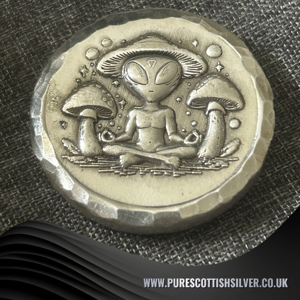 2 Troy oz Solid Silver Round, Hippy Alien & Magic Mushrooms ...