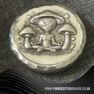 2 Troy oz Solid Silver Round, Hippy Alien & Magic Mushrooms, Handcrafted from 999 Fine Silver, Unique Gift for Collectors