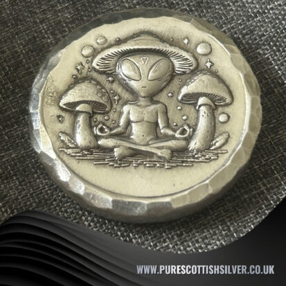 2 Troy oz Solid Silver Round, Hippy Alien & Magic Mushrooms, Handcrafted from 999 Fine Silver, Unique Gift for Collectors