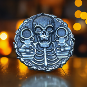 28g Silver Coin, Bold Skull & Dual Pistols Motif, Collectible Treasure, Edgy Gift for Silver Enthusiasts