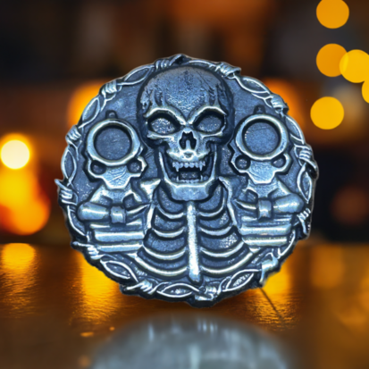 28g Silver Coin, Bold Skull & Dual Pistols Motif, Collectible Treasure, Edgy Gift for Silver Enthusiasts