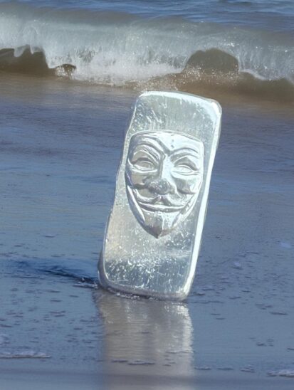 1oz solid silver anonymous mask bar, unique handmade collectible from Scotland, perfect gift for art lovers. 2