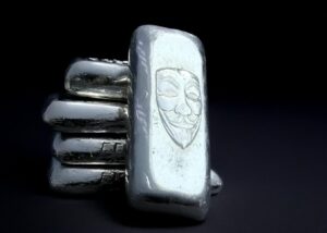 1oz solid silver anonymous mask bar, unique handmade collectible from Scotland, perfect gift for art lovers.