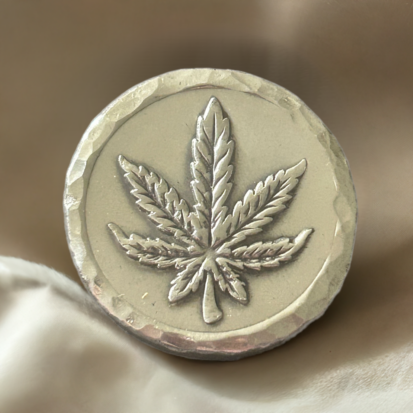 2 Troy oz Solid Silver Round, Cannabis Leaf Stamped, Handmade, Collectible Gift