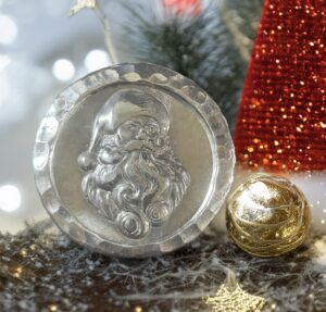 Silver Santa Round, 2 troy oz,handmade in Scotland, unique handcrafted coin for holiday gifts and decorations.