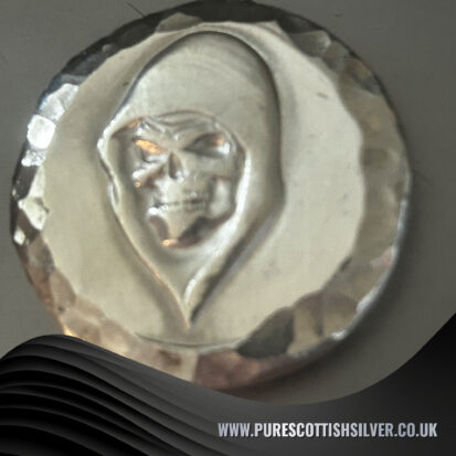 2 troy oz silver round, 999 fine silver handcrafted grim reaper coin, ideal for display or as a unique gift for him